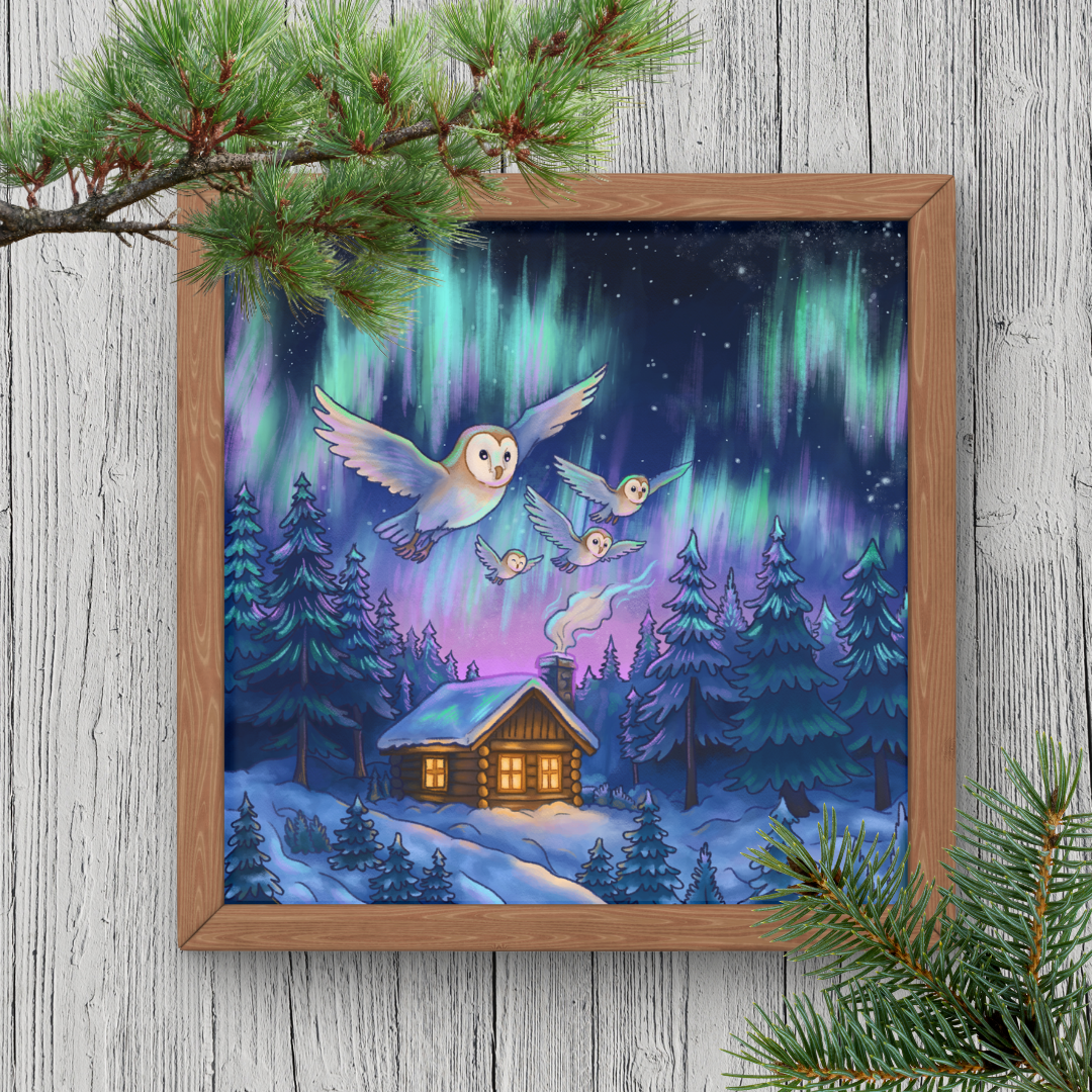 Northern Lights Barn Owls | Woodland Art Print