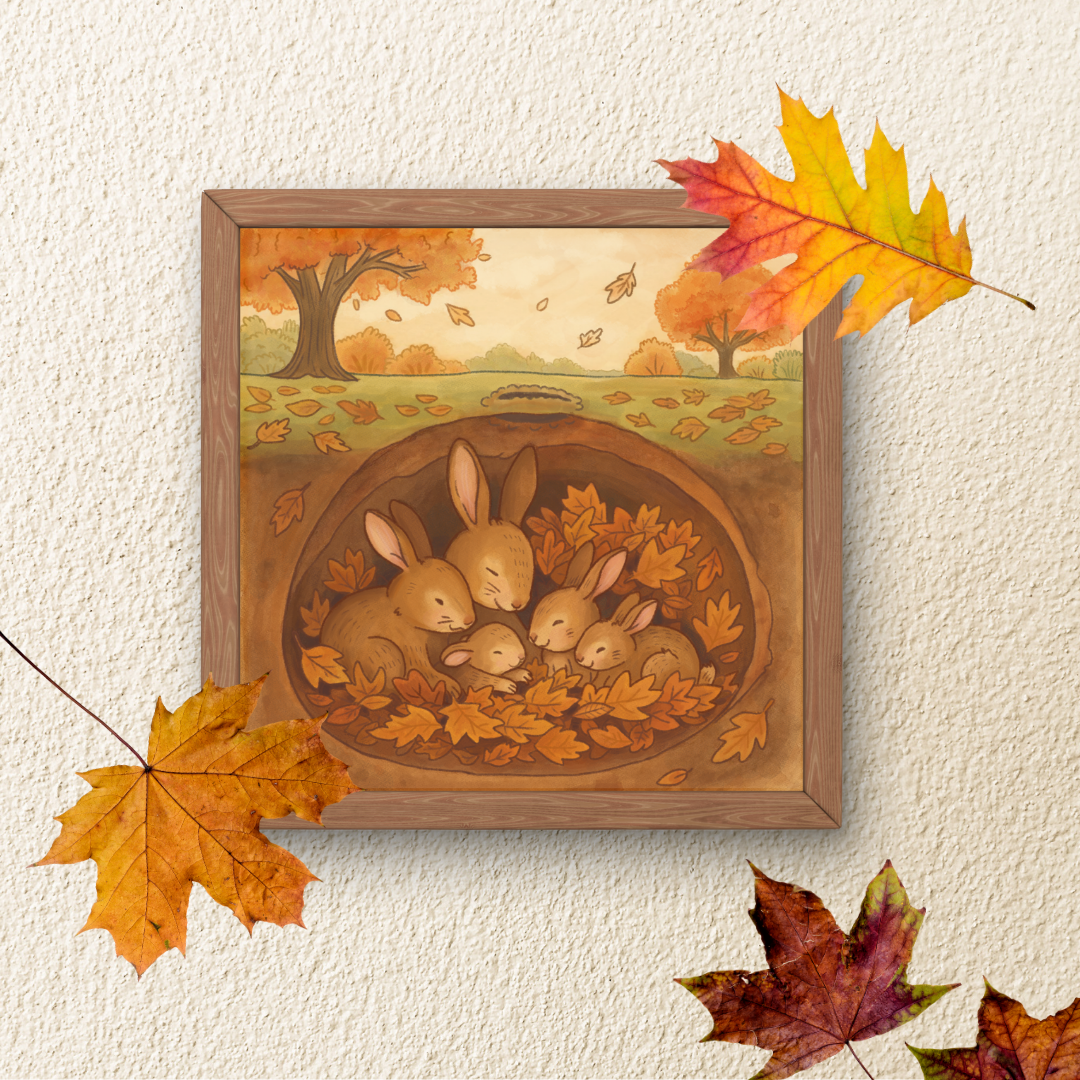 Snuggly Autumn Rabbit Family | Woodland Art Print