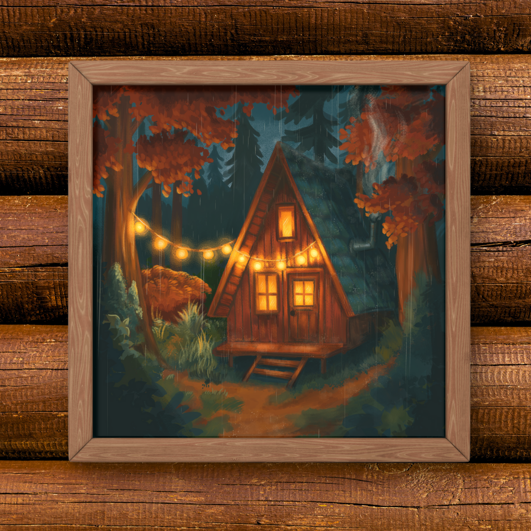 Cozy PNW Rain A-Frame Cabin | Art Print