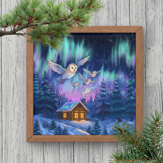 Northern Lights Barn Owls | Woodland Art Print