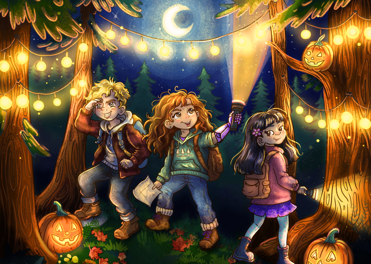 Illustrated Halloween scene with three children exploring a forest at night under a crescent moon, holding flashlights, with glowing string lights, pumpkins, and trees.